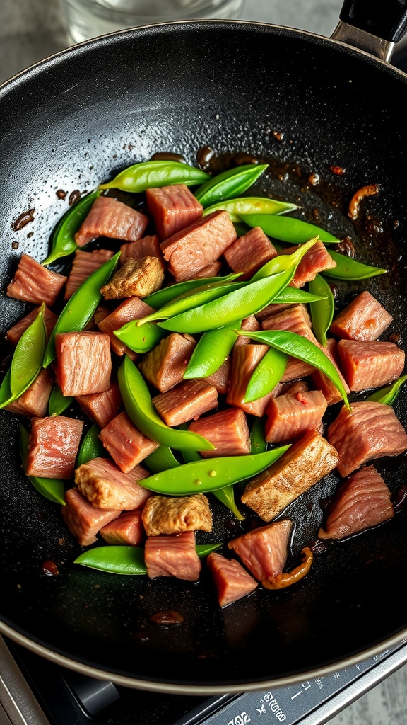 Beef stir-fry with snow peas in a frying pan