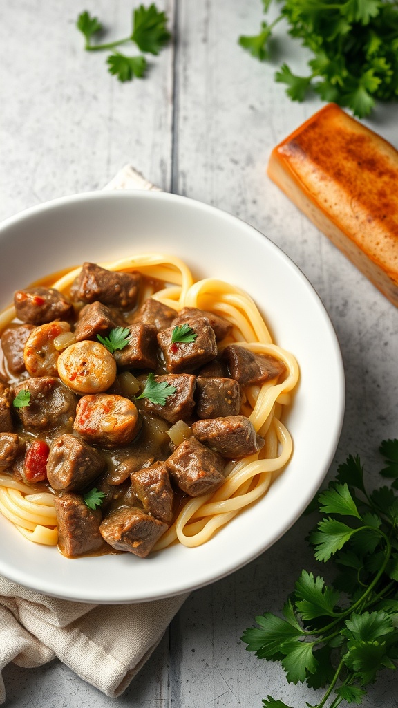 A bowl of beef stroganoff over egg noodles garnished with parsley