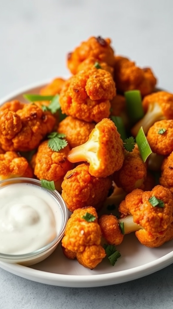 Plate of buffalo cauliflower bites with a side of dipping sauce