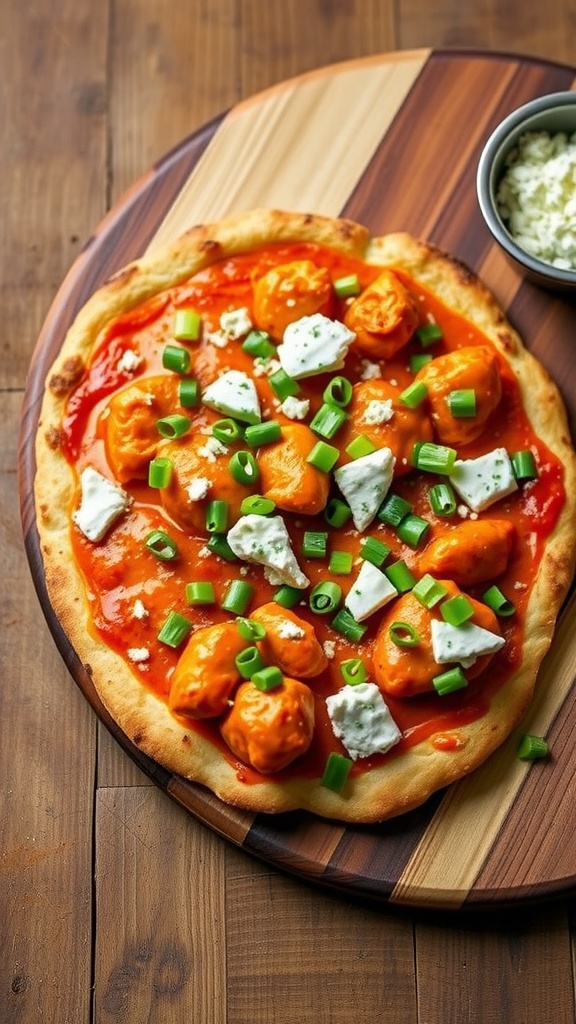Buffalo Chicken Flatbread with green onions and blue cheese on a wooden serving board