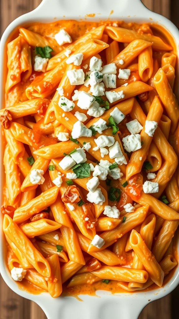 A delicious Buffalo Chicken Pasta Bake topped with crumbled blue cheese and fresh herbs.