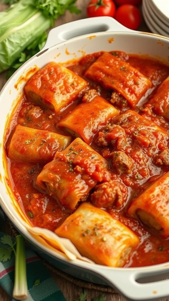 A hearty casserole with cabbage rolls in a rich tomato sauce, surrounded by fresh ingredients like celery and tomatoes.