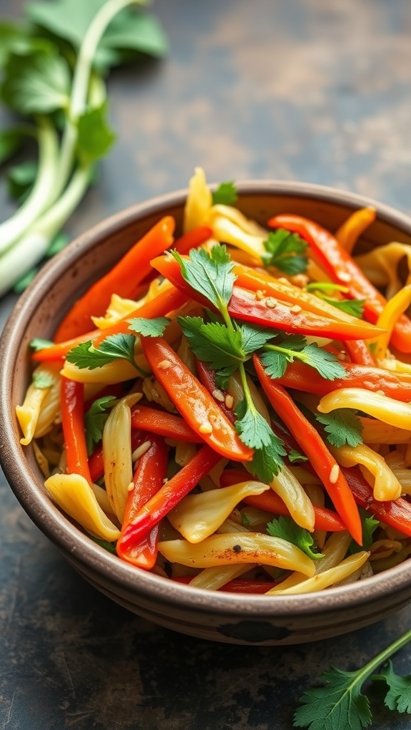 A colorful bowl of cabbage stir-fry with bell peppers and fresh herbs.