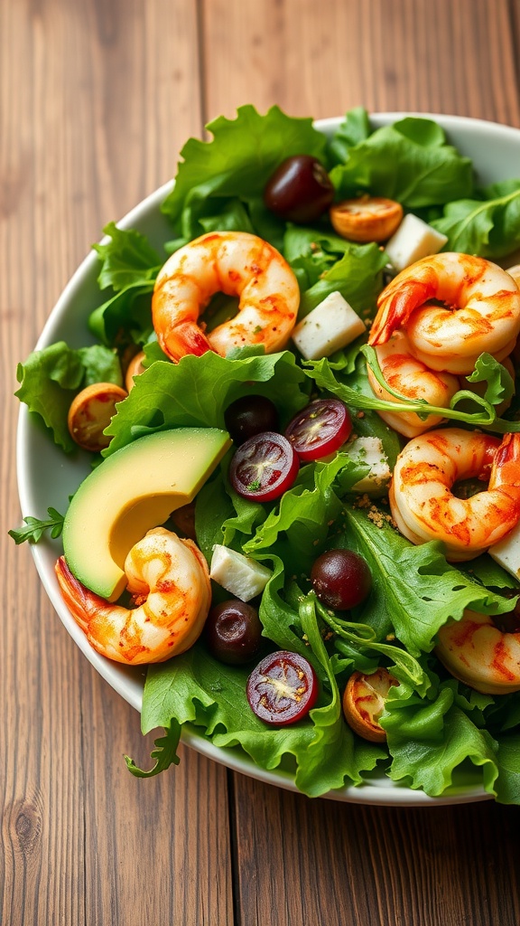 A bowl of Cajun Shrimp and Avocado Salad featuring shrimp, greens, avocado, and grape tomatoes.