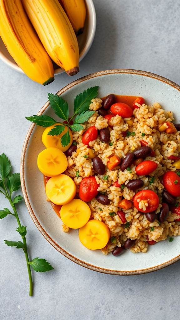 A bowl of Caribbean rice and beans garnished with fresh herbs and slices of plantains.