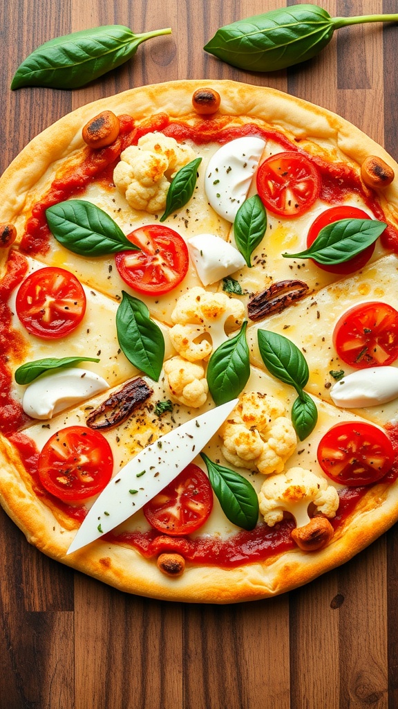 A delicious cauliflower pizza crust topped with tomatoes, mozzarella cheese, basil, and cauliflower on a wooden surface.