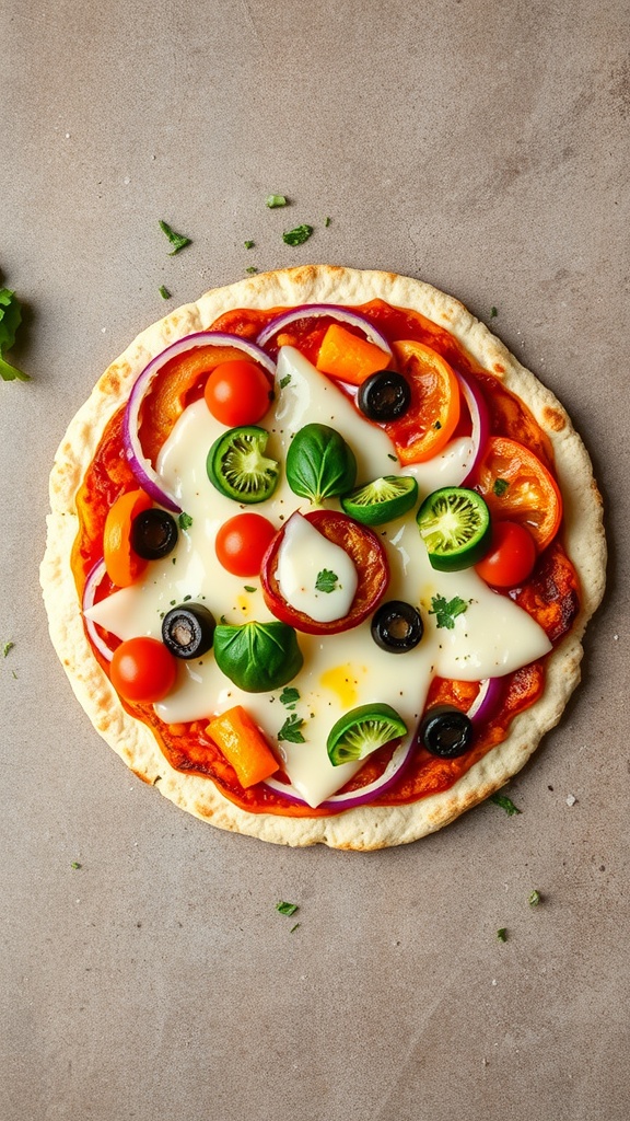 A colorful cauliflower pizza crust topped with fresh vegetables and cheese.