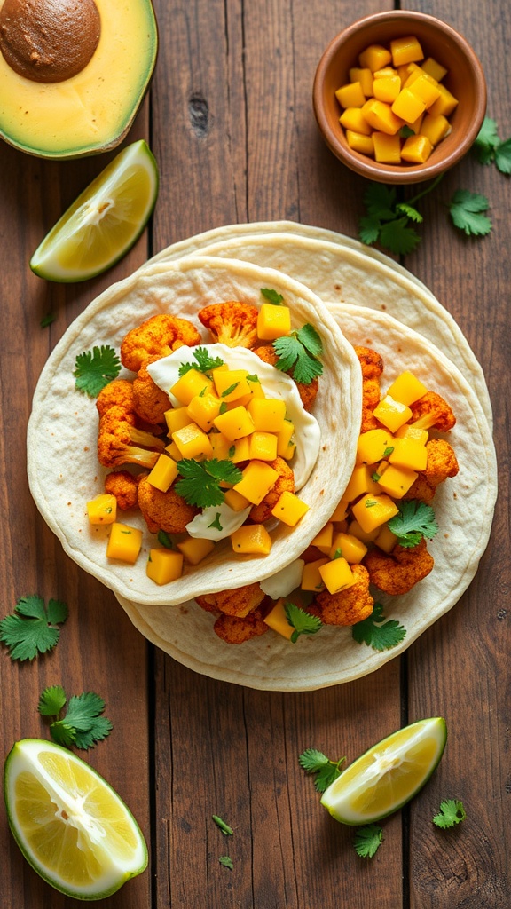 Delicious cauliflower tacos topped with mango salsa on a wooden table