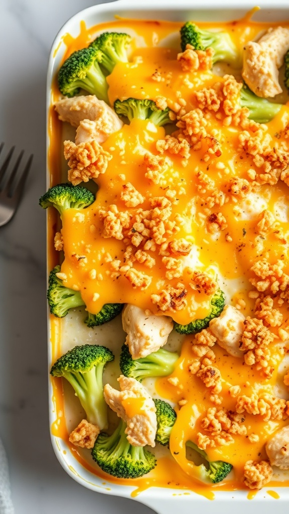 A close-up image of a cheesy broccoli and chicken casserole topped with crunchy bits.