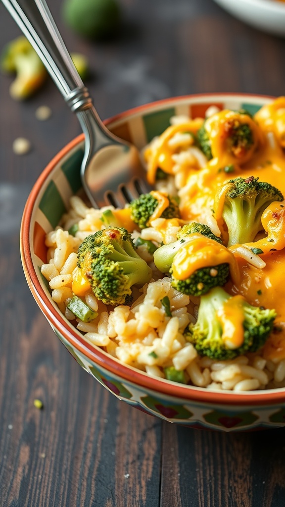 A bowl of cheesy broccoli and rice casserole topped with melted cheese and broccoli florets.