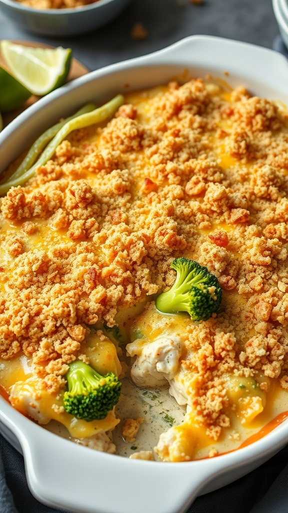 A close-up of a cheesy chicken and broccoli casserole topped with breadcrumbs, served in a white baking dish.