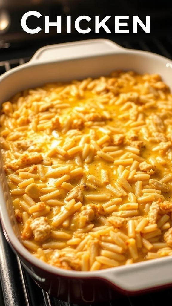 A cheesy chicken and rice casserole in a baking dish, fresh out of the oven.