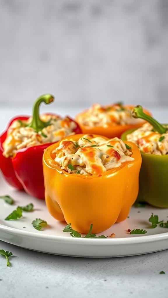 Four colorful stuffed bell peppers on a white plate, filled with cheesy chicken mixture and topped with herbs.