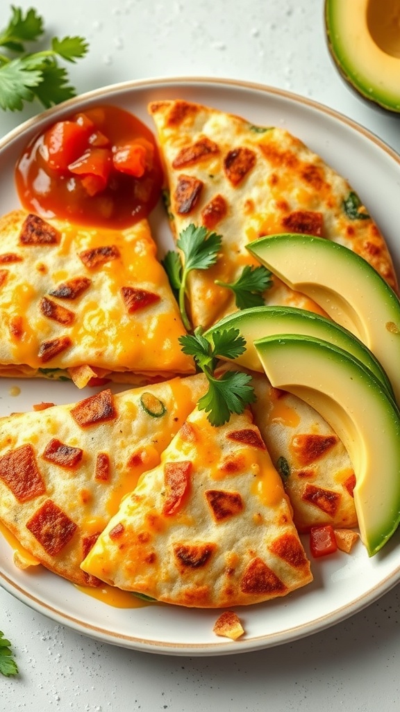 Plate of cheesy vegetable quesadillas with salsa and avocado slices