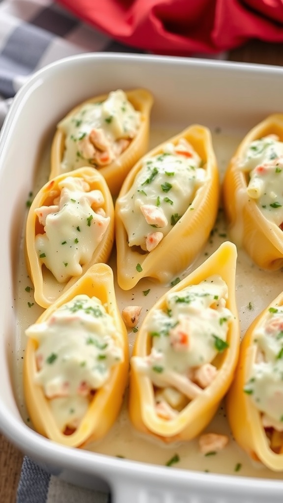 A baking dish filled with Chicken Alfredo Stuffed Shells topped with creamy sauce and parsley