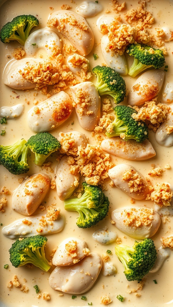 A close-up of Chicken and Broccoli Alfredo Bake with pasta, broccoli, and a creamy sauce topped with breadcrumbs.