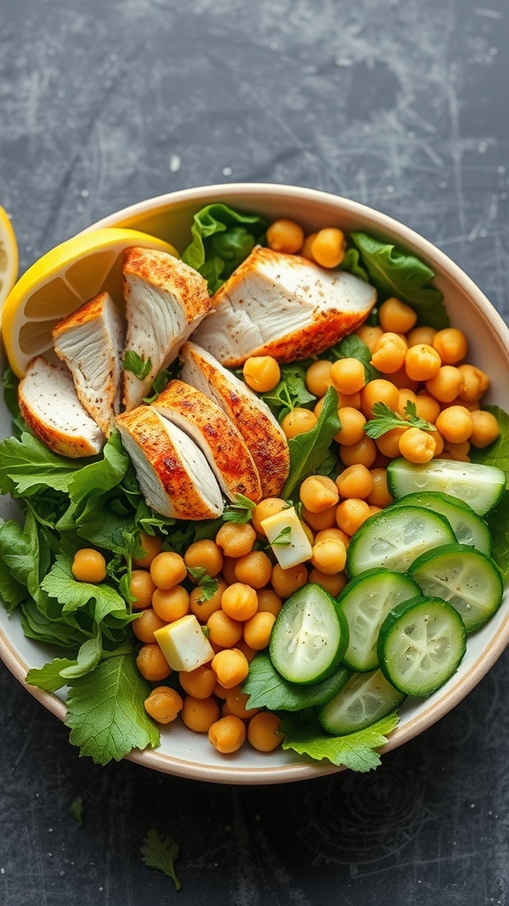 A bowl of chicken and chickpea salad with sliced rotisserie chicken, chickpeas, cucumbers, and greens.