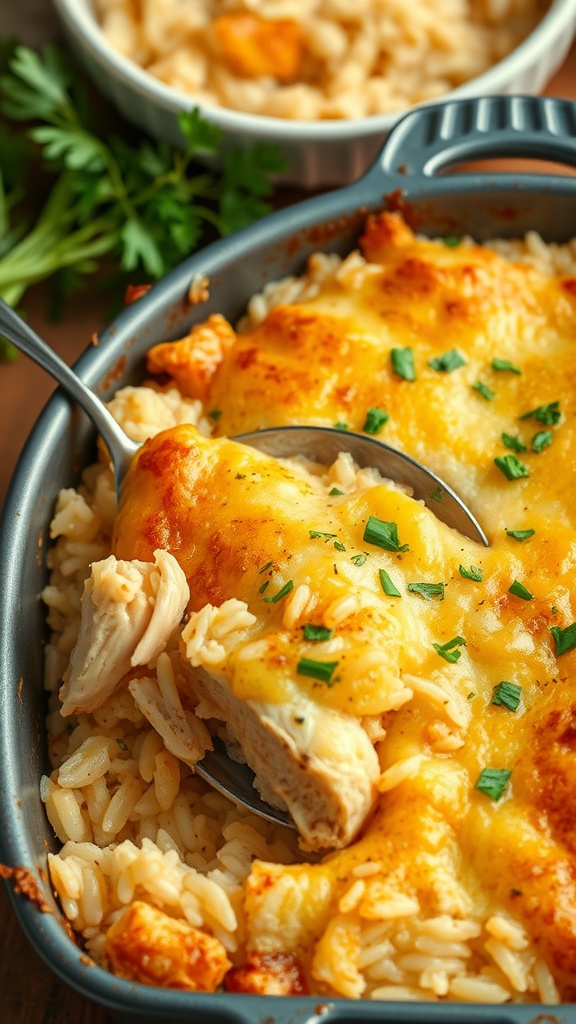 A close-up of Chicken and Rice Casserole served in a dish, showing shredded chicken, fluffy rice, and melted cheese.