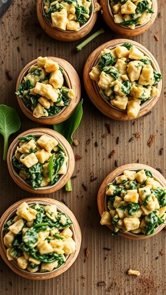 Chicken and Spinach Stuffed Mushrooms filled with a savory mixture, displayed in wooden bowls.