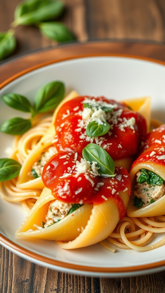 A plate of chicken and spinach stuffed shells topped with marinara sauce and fresh basil