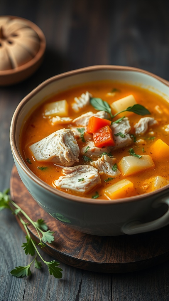 A bowl of chicken and vegetable soup with pieces of chicken, potatoes, and carrots