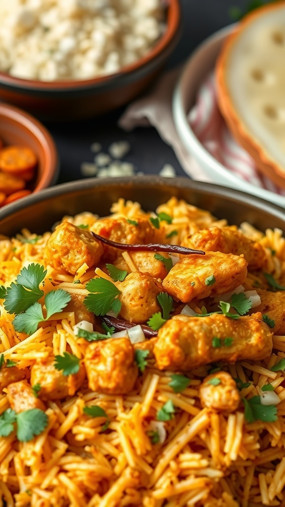 A bowl of Chicken Biryani with spices, garnished with cilantro, accompanied by sides of rice and flatbread.