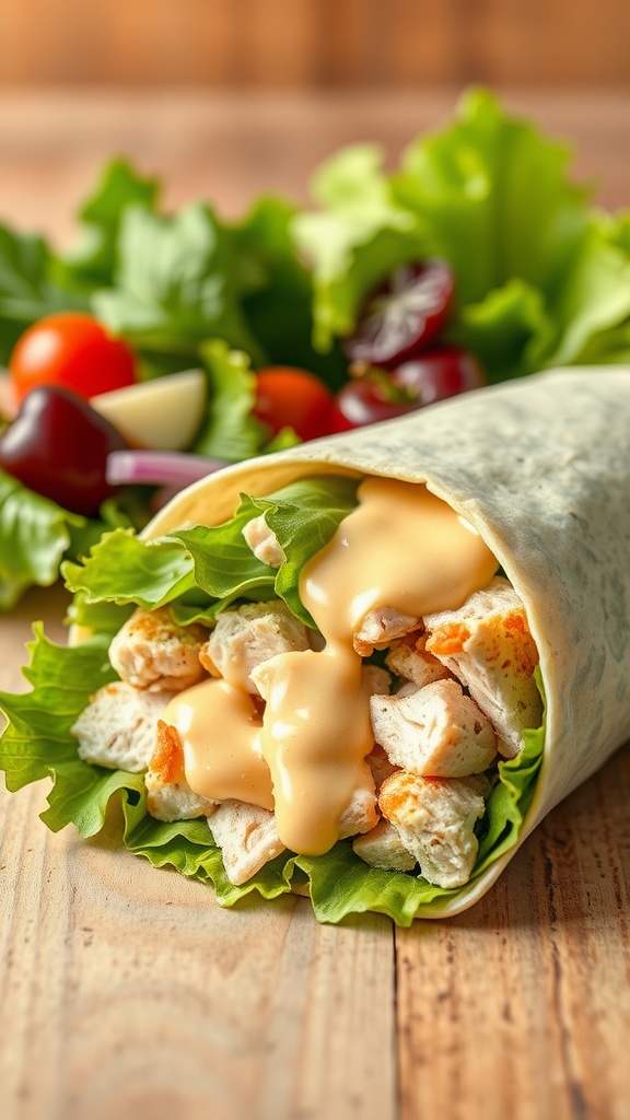 A delicious Chicken Caesar Salad Wrap filled with lettuce, rotisserie chicken, and Caesar dressing on a wooden table.