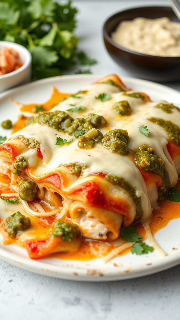 A plate of chicken enchiladas verde topped with green sauce and melted cheese, garnished with cilantro.