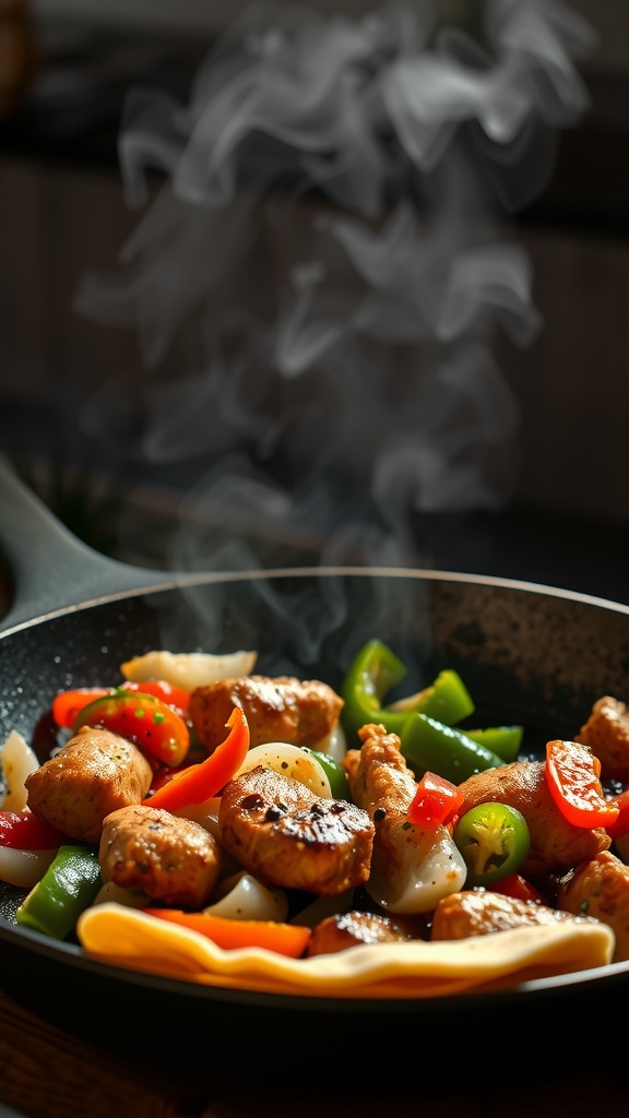 A sizzling Chicken Fajita Skillet with colorful bell peppers and pieces of chicken, steaming in a pan.