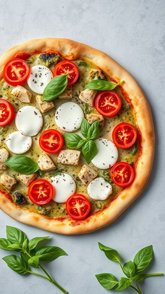 A delicious chicken pesto pizza topped with fresh mozzarella, cherry tomatoes, and basil leaves.