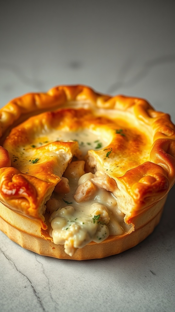 A golden-brown chicken pot pie with flaky crust and creamy filling