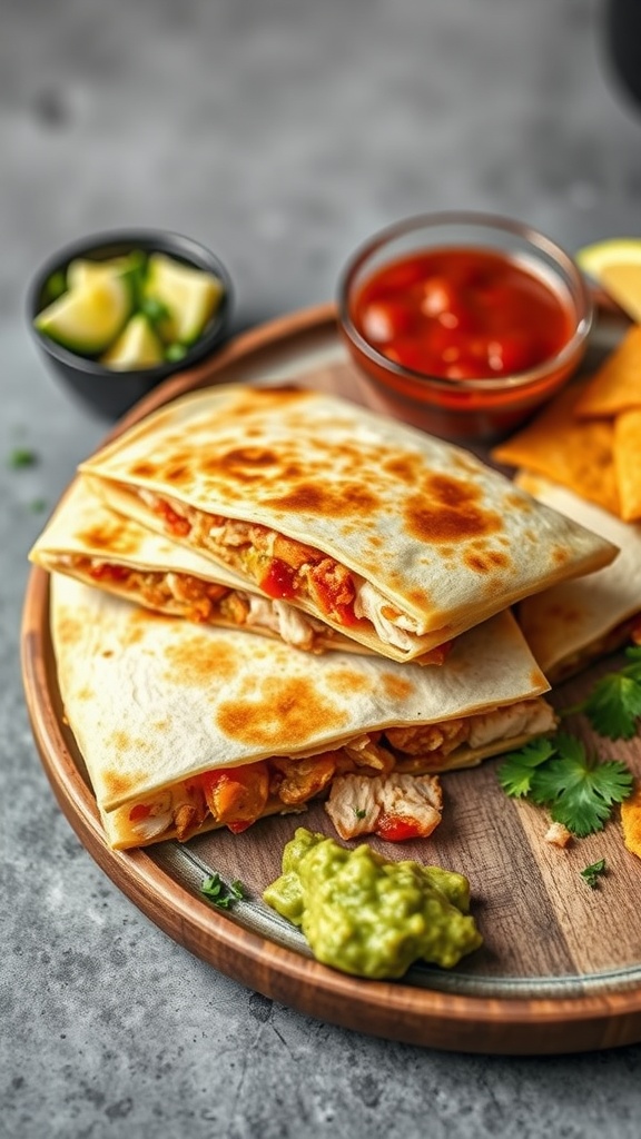 Three golden-brown chicken quesadillas on a wooden plate with guacamole, salsa, and lime wedges.