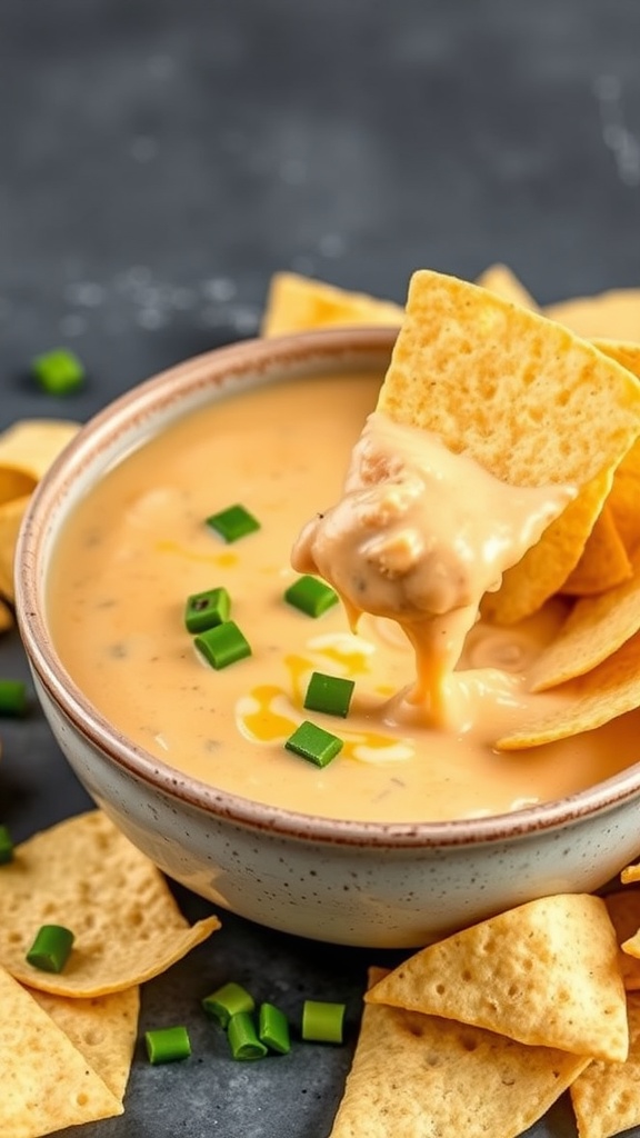 A bowl of creamy chicken queso dip surrounded by tortilla chips, garnished with chopped green onions.