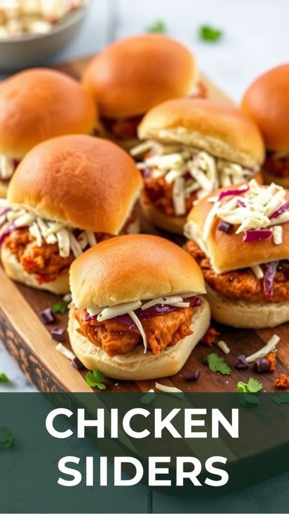 A platter of chicken sliders topped with coleslaw on a wooden board.