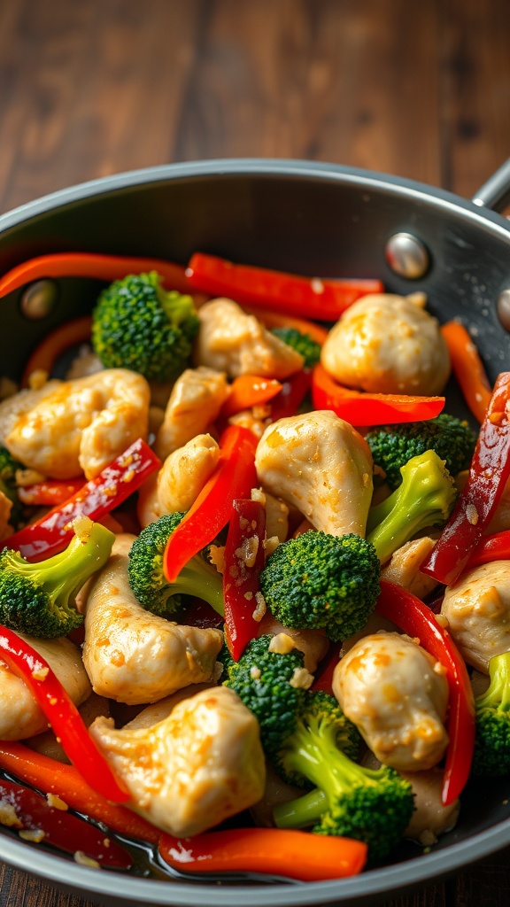 A colorful chicken stir-fry with broccoli and red bell peppers in a pan.