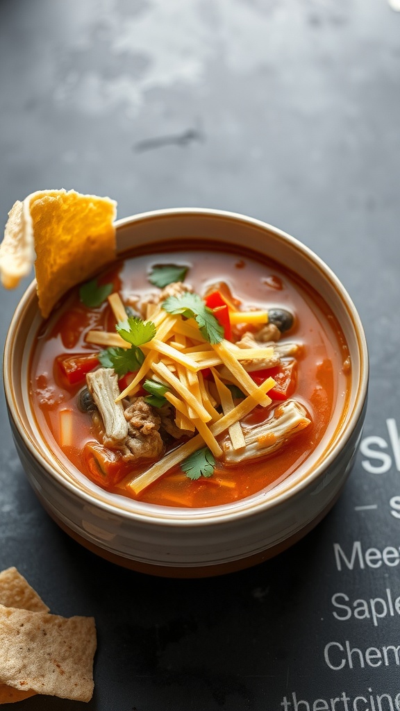 A bowl of Chicken Taco Soup with shredded chicken, cheese, and cilantro