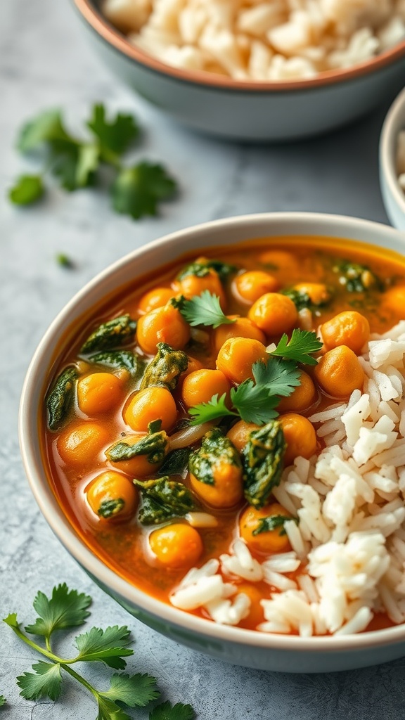 A bowl of Chickpea and Spinach Curry served with rice, garnished with cilantro.