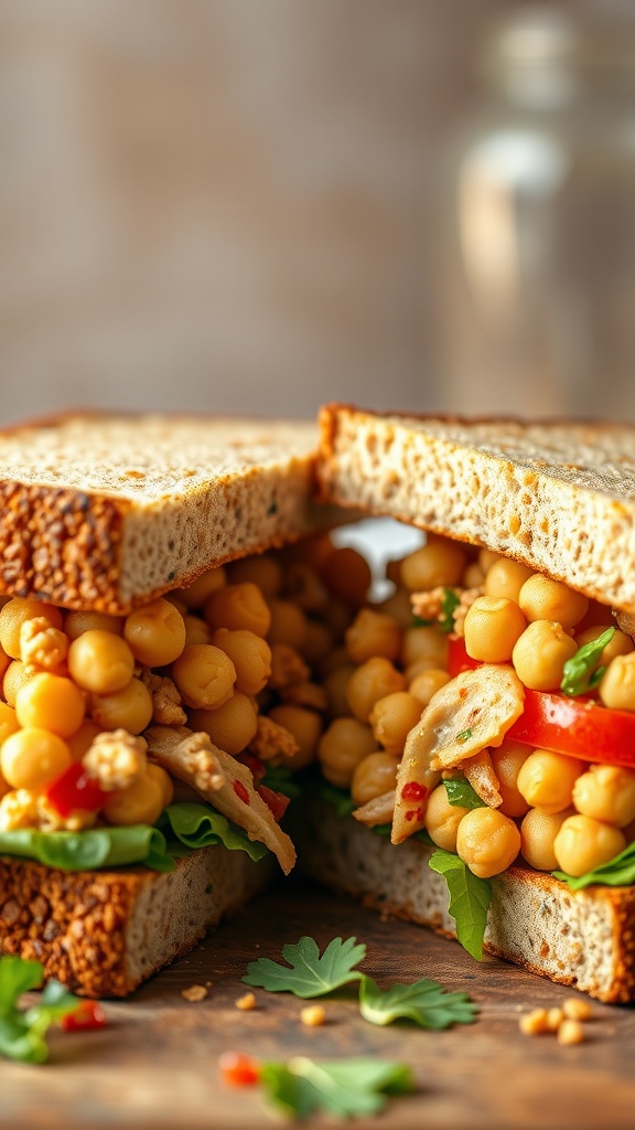 A close-up of a chickpea salad sandwich, filled with chickpeas, red peppers, and greens, served on whole grain bread.