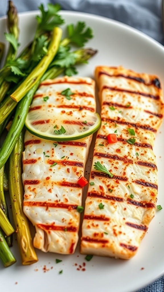 Grilled tilapia fillets with lime slices and cilantro alongside grilled asparagus on a white plate.