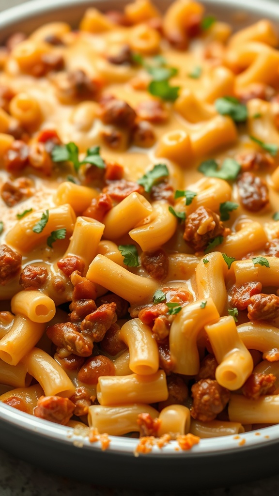 A close-up view of a cheesy chili mac and cheese casserole with macaroni, ground meat, and a sprinkle of cilantro.