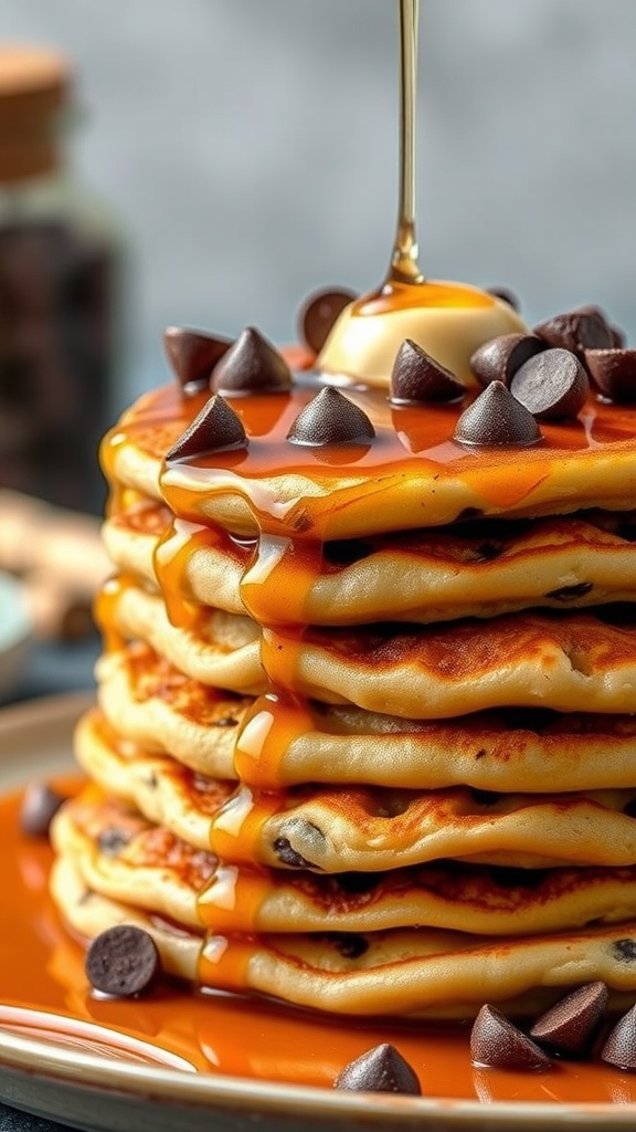 A stack of chocolate chip pancakes topped with maple syrup and chocolate chips.