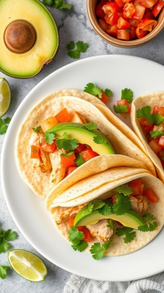 A plate of cilantro lime chicken tacos with diced tomatoes, avocado, and lime on the side.