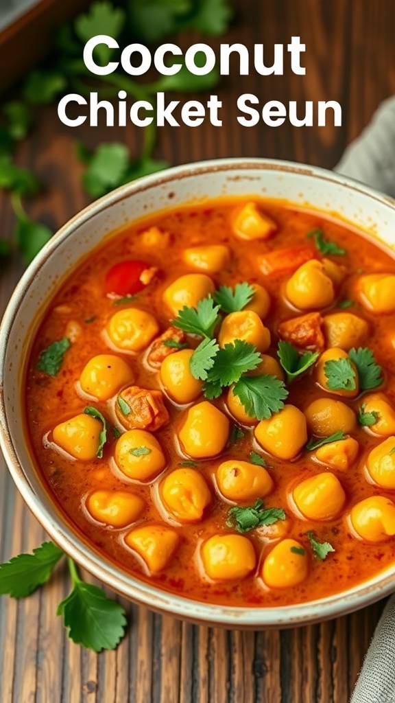 A bowl of Coconut Chickpea Stew with chickpeas, cilantro, and a rich coconut sauce