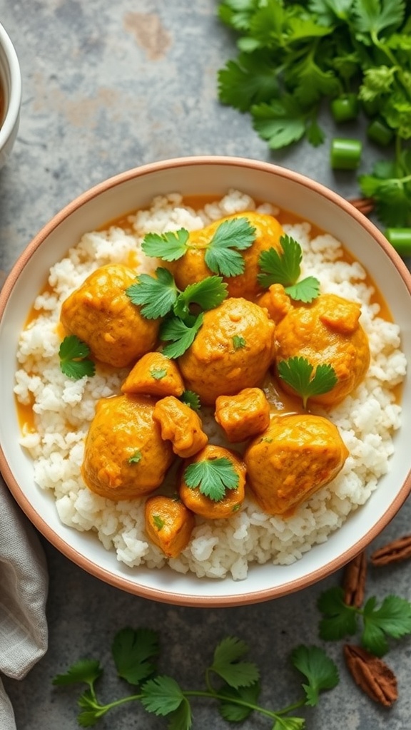 A bowl of coconut curry chicken served over cauliflower rice, garnished with fresh cilantro.