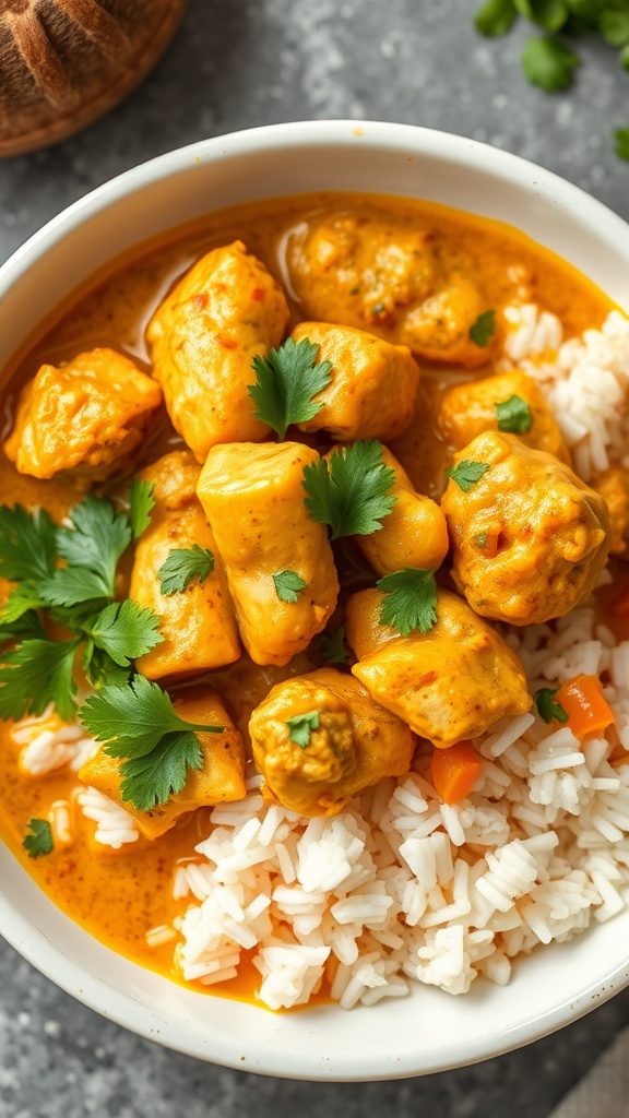 A bowl of Coconut Curry Chicken served with rice and garnished with cilantro.