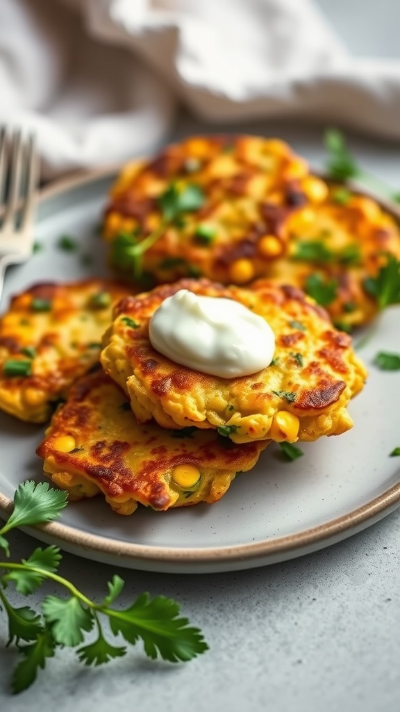 A plate of golden corn and zucchini fritters topped with a dollop of sour cream and garnished with fresh cilantro.