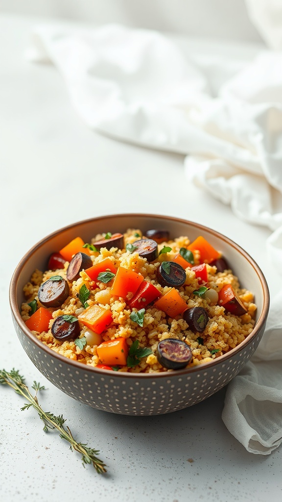 A bowl of couscous and roasted vegetable salad with colorful diced vegetables and herbs.