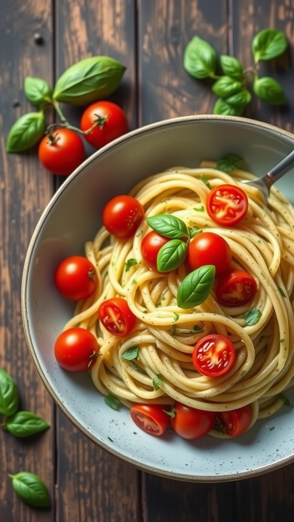 A bowl of Creamy Avocado Pasta topped with cherry tomatoes and basil leaves.