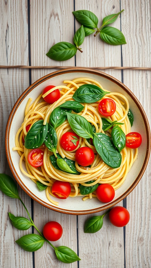 A bowl of creamy avocado pasta topped with fresh spinach and cherry tomatoes.