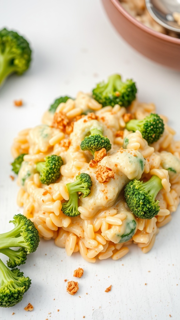 Creamy broccoli and rice casserole topped with breadcrumbs and fresh broccoli